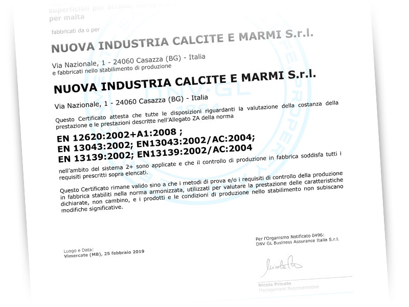 Nicem srl Casazza BG Produzione Carbonato di Calcio Certificazioni EN 12620:2002+A1:2008 | EN 13043:2002 | EN 13043:2002/AC:2004 | EN 13139:2002 | EN 13139:2002/AC:2004